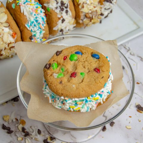 MnM Cookie ice cream sandwich with sprinkles