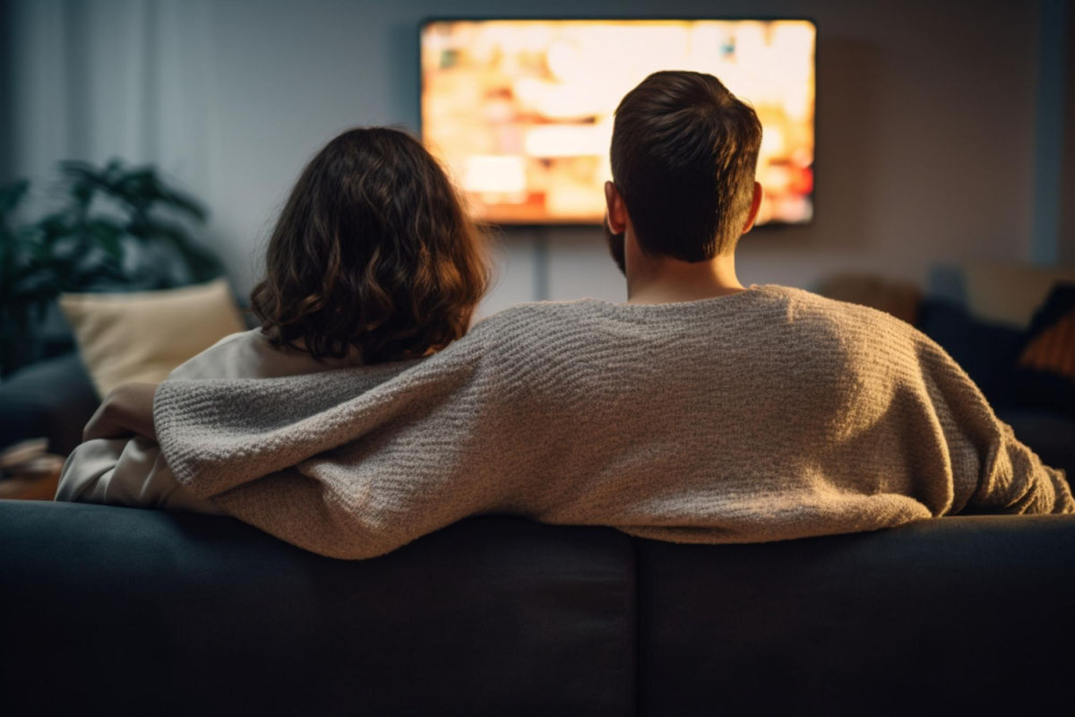 couple watching a movie on the couch couple watching a movie on the couch