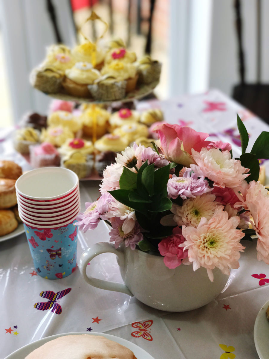 Flower decoration on a table at a tea party for kids