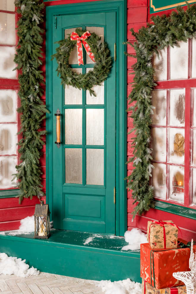 Christmas decorations around the front door