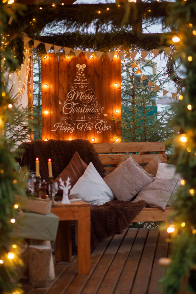 Outdoor deck with Christmas lights