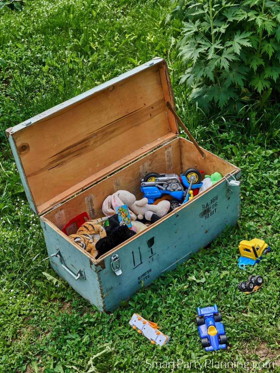 A large box filled with mystery items for a mystery box game.